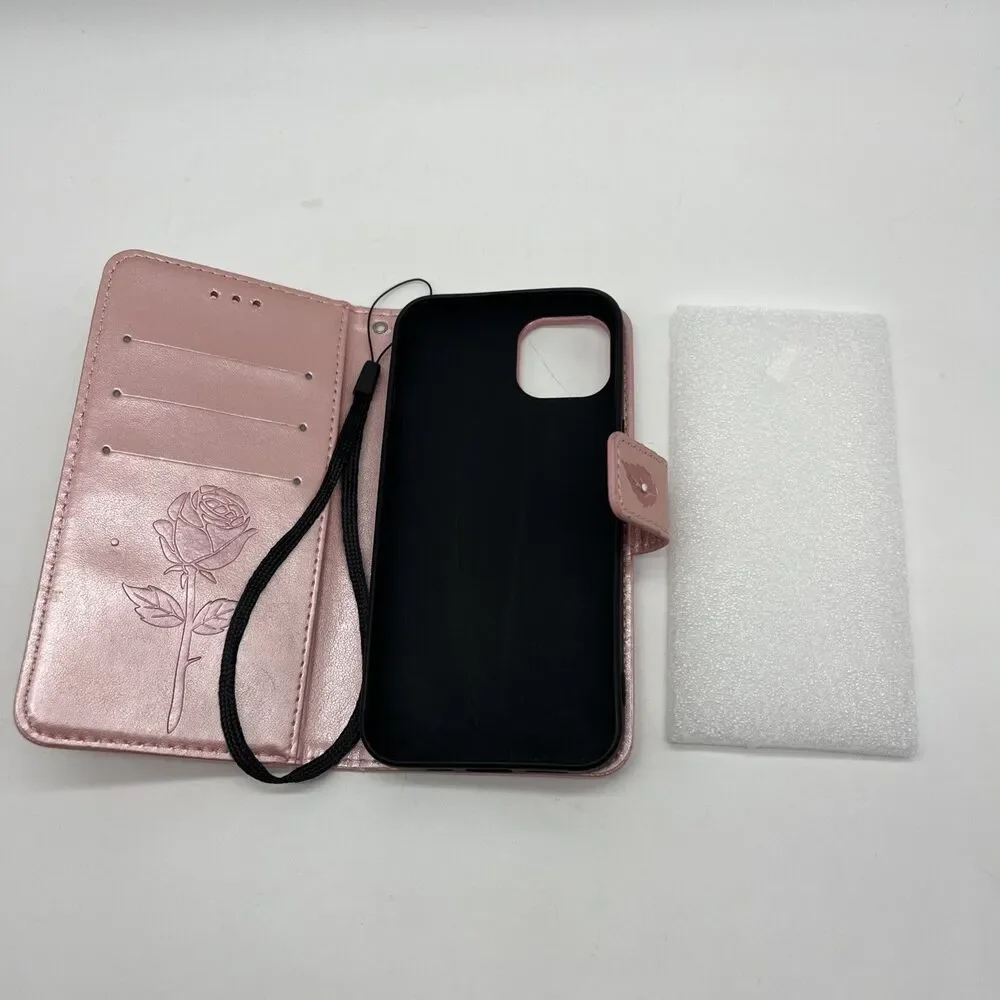 IPhone 13 Case Wallet Pink Bling Butterflies Magnetic Clasp